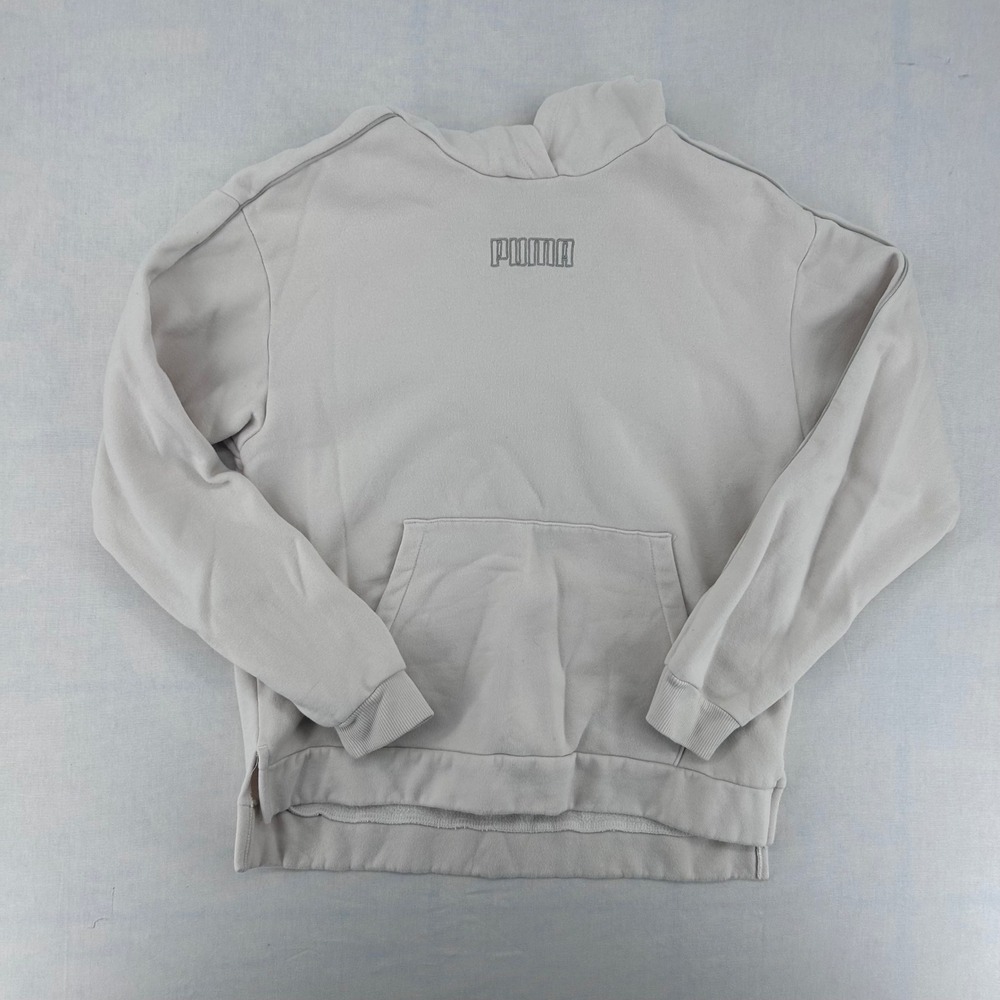 Puma‎ Womens Beige Embroidered Logo Pullover Hoodie Split Hem Sweatshirt Size M